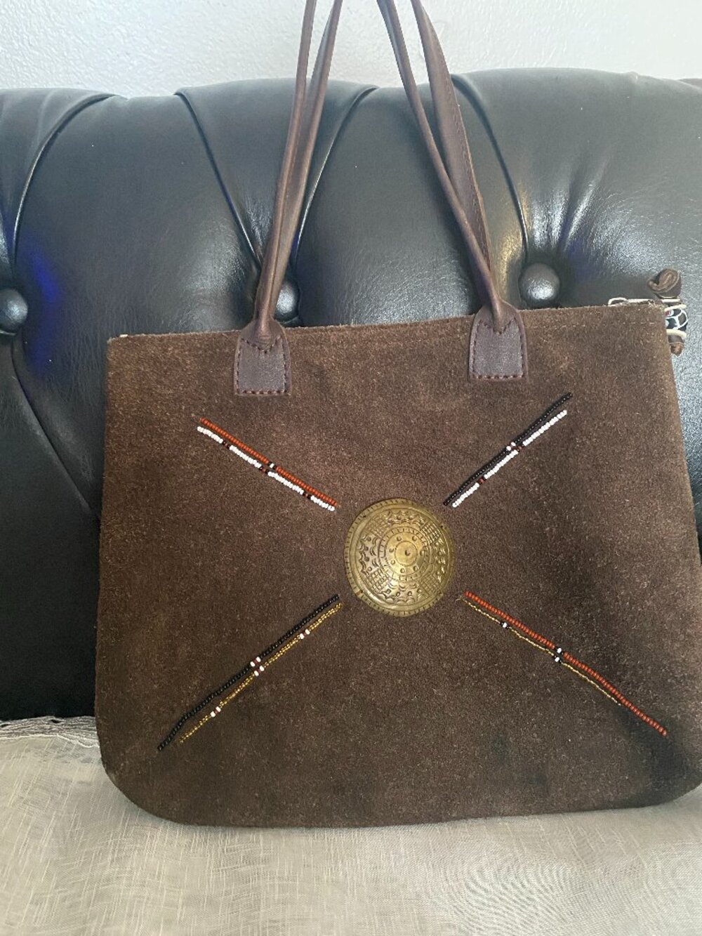 Annabelle Thom Handmade Brown Leather Hide Beaded Handbag Very Unique 10x9